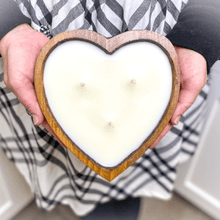 Load image into Gallery viewer, Clean soy candle with cozy scent for home and gift in a heart-shaped wooden bowl.