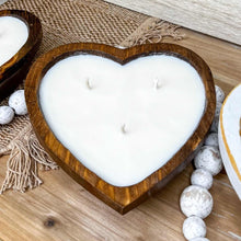 Load image into Gallery viewer, Clean soy candle with cozy scent for home and gift in a wooden heart-shaped bowl.